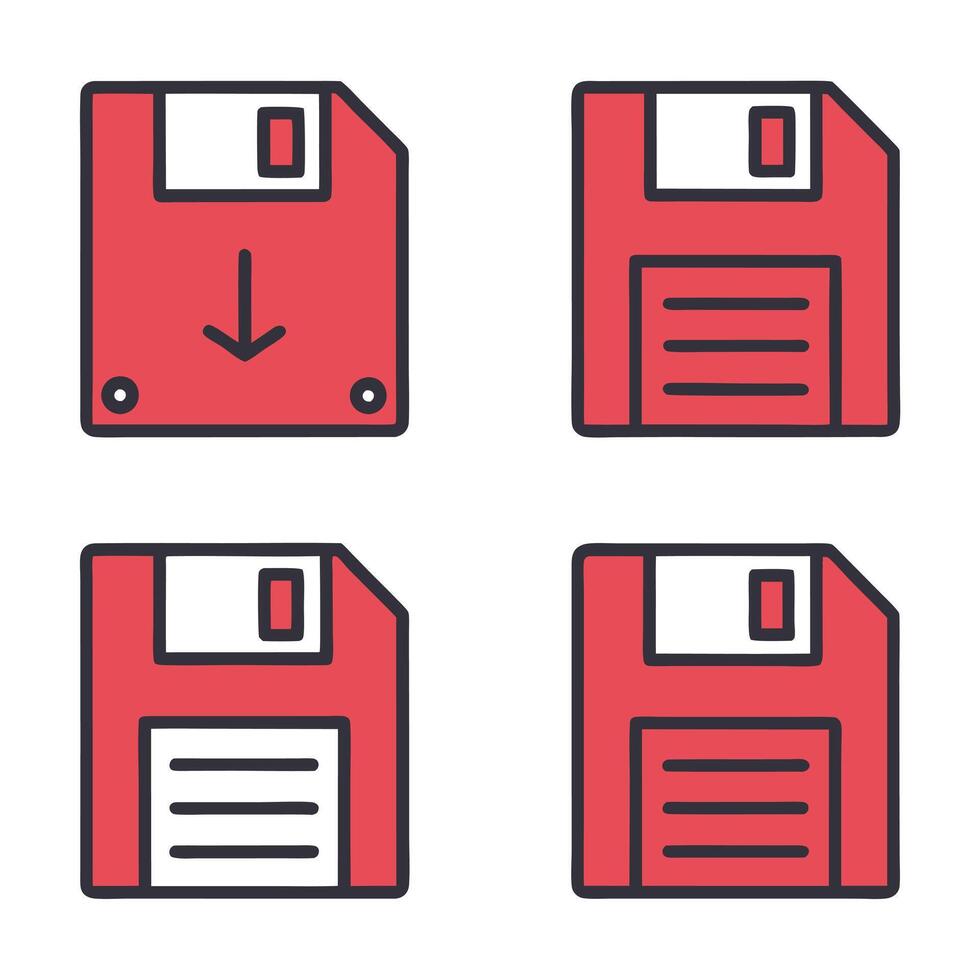 Four red floppy disks, one with a download arrow, isolated vector