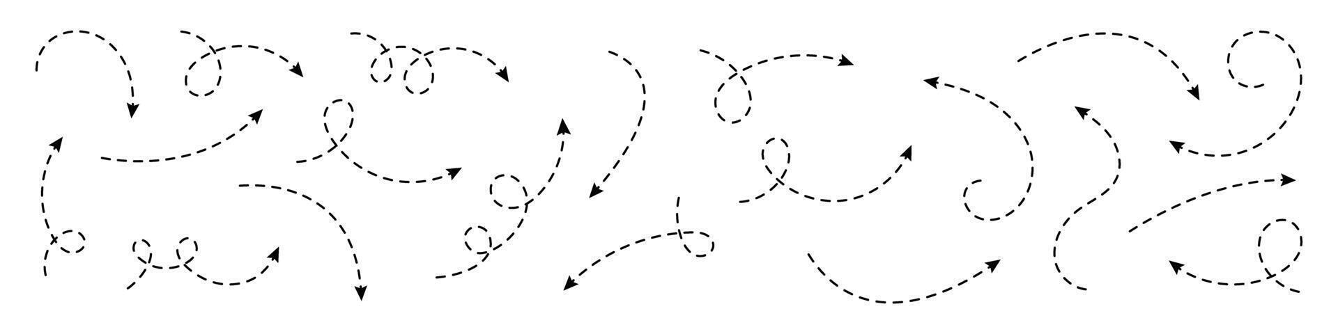 Set of curved or twisted arrows with dashed lines. vector