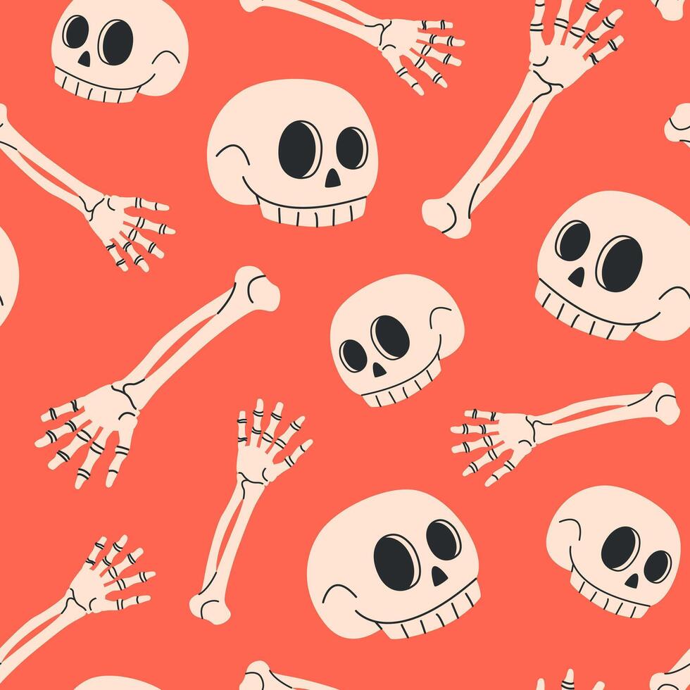 Cute Halloween seamless pattern with playful skulls and bones on a vibrant background. Ideal for spooky season fabrics, decor, prints, and digital projects. Tile in flat style. vector