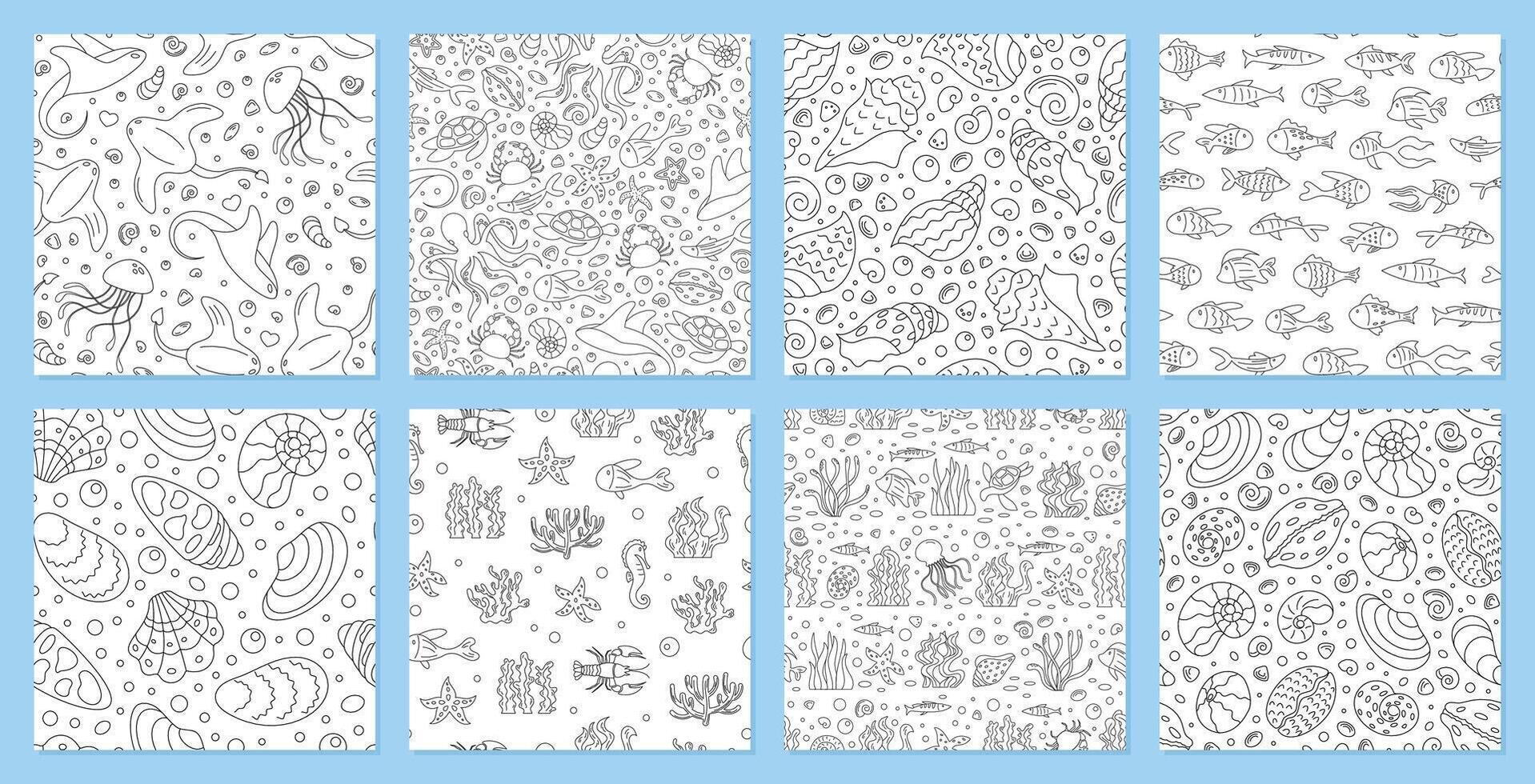 Underwater seamless pattern set in outline style. Marine ocean background featuring fish, reef, and jellyfish. Cartoon aquatic texture perfect for summer themes or design projects. vector