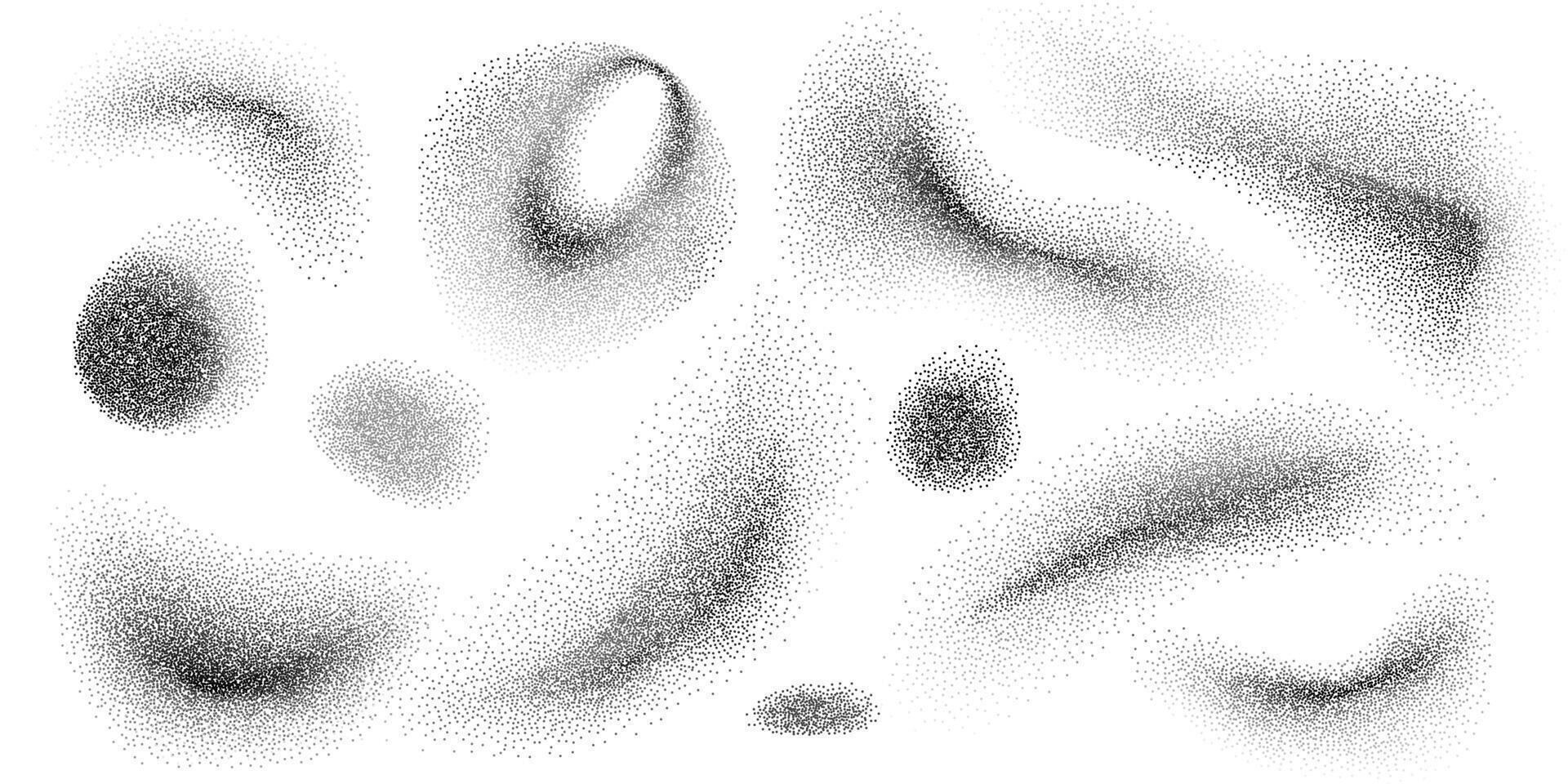 Set of abstract grainy shapes, dotted wavy noise sand spray, black ink dot textures form dynamic blobs, gradient shadows and curved forms. Graphic elements for banner, poster, background. vector