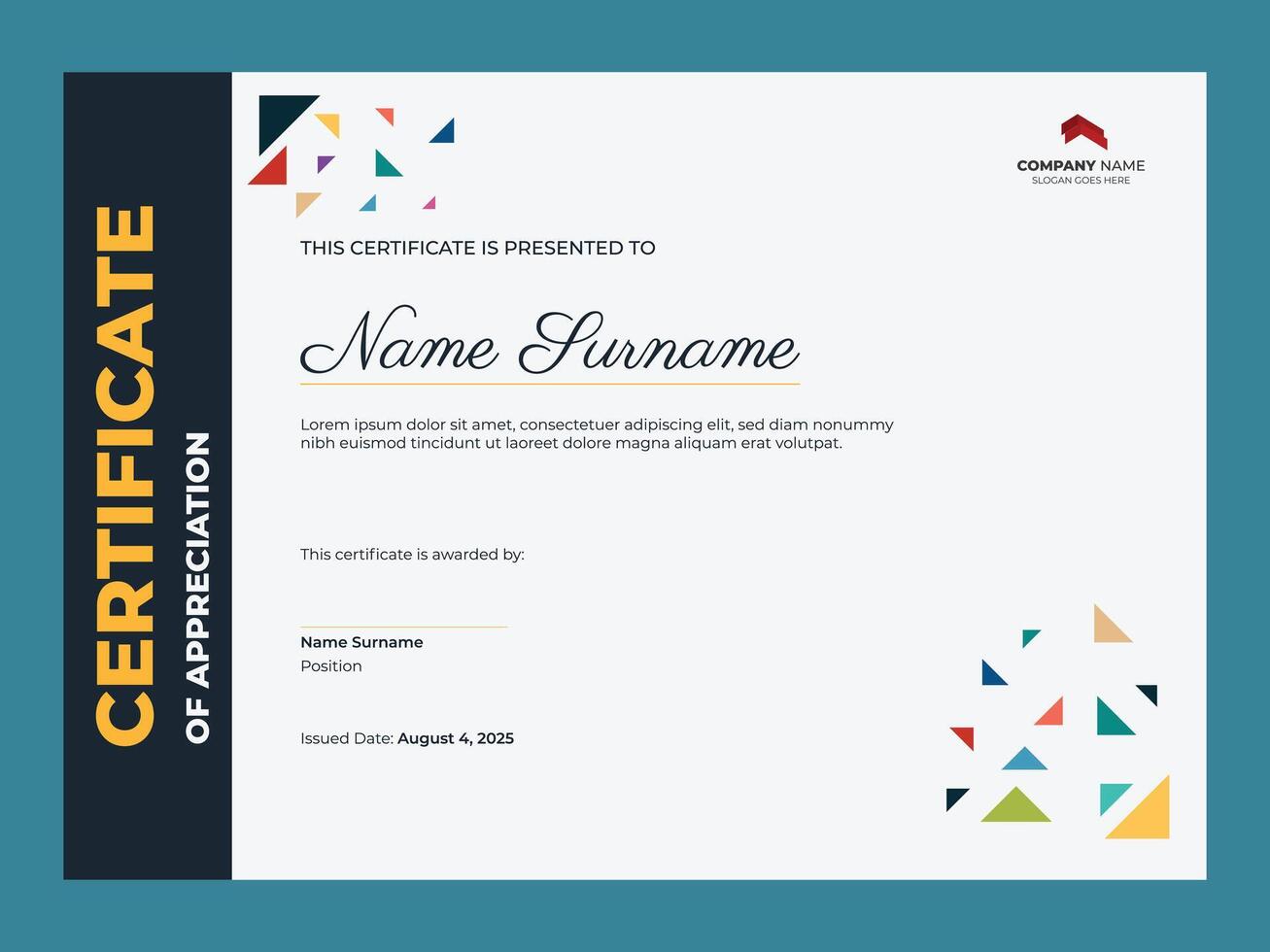Modern certificate template for company. Certificate of appreciation design with triangle shape. vector
