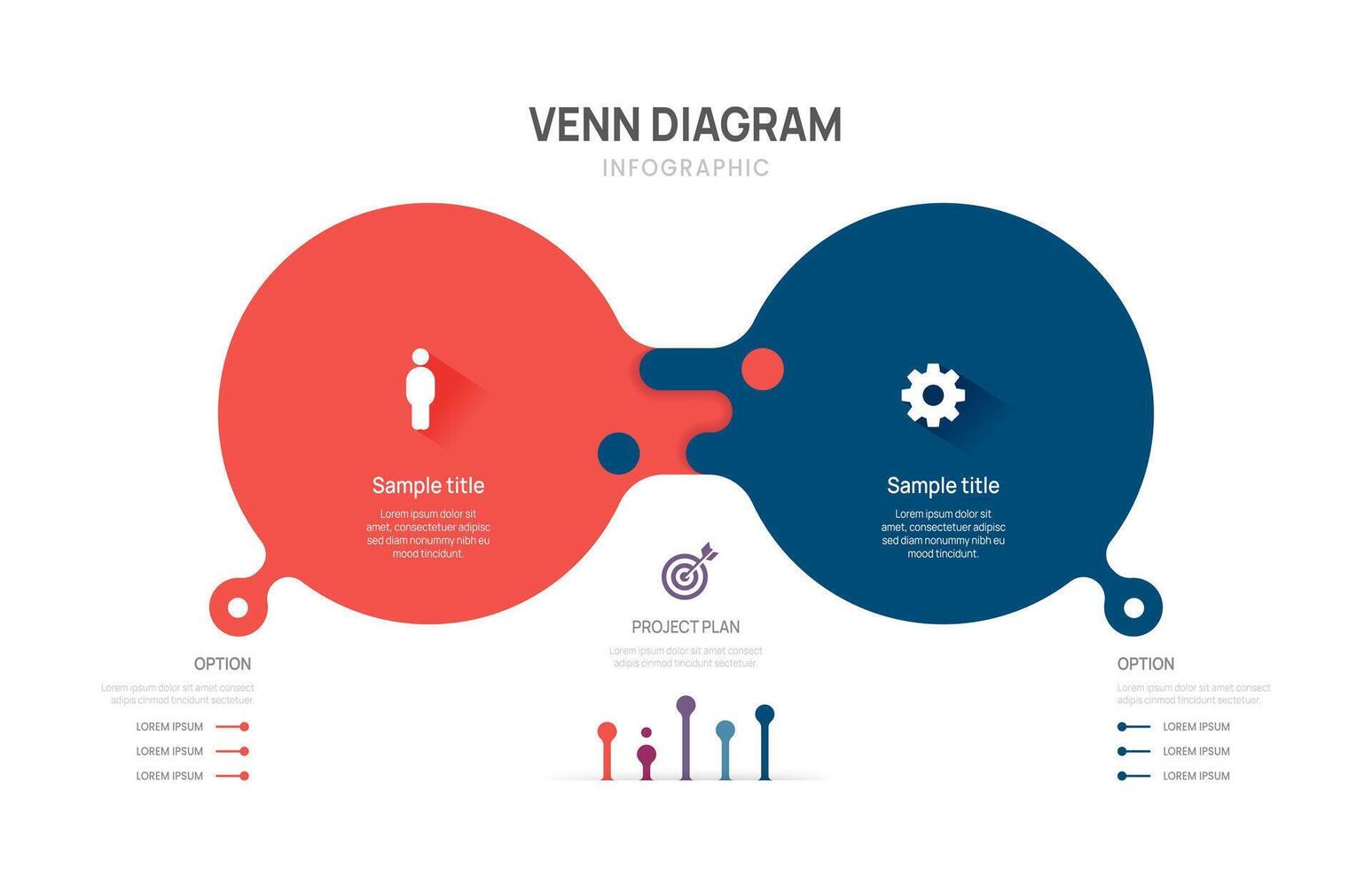 Venn diagram business infographic circle chart template 2 steps options, presentation with venn diagram elements illustration. vector