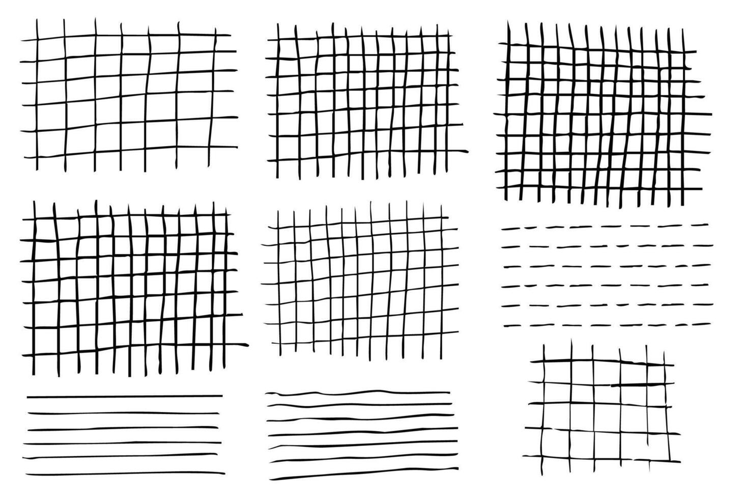 Grid square set hand drawn textured lines, notebook grid and striped pattern. Set Doodle geometric net, chalk or crayon stroke. vector