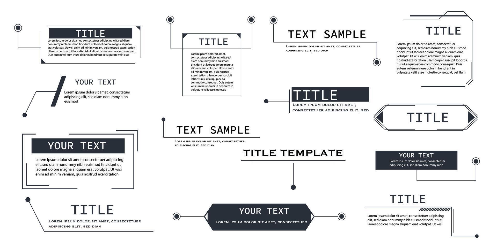 Text box frame set, title callout tech hud border menu, modern line interface board. Set game elements, web design template for text, banner. vector
