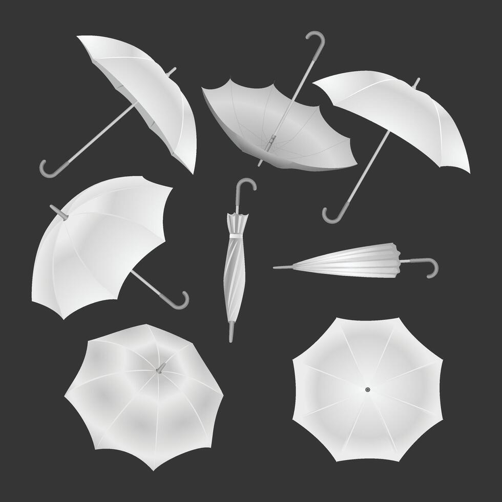 Set of white umbrella rain set collection isolated on black background with front, back and side view, Realistic white umbrella open and folded lying in different angles Branding vector