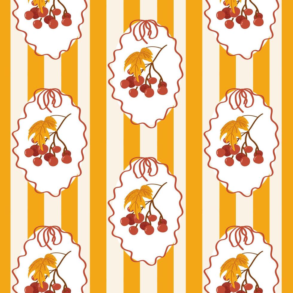 Vintage autumn frame with rowan berries is perfect for gift wrapping, fabrics and holiday branding. Retro oval frame on a background of vertical yellow stripes. Nostalgic design for wrapping paper vector