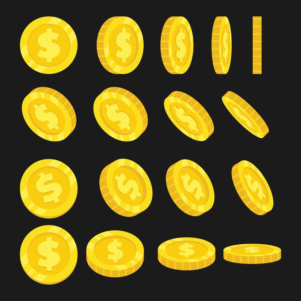 Cartoon Golden coin set collection with different view, Spin gold coin on white background, set of rotation icons at different angles for animation, business and commerce, payment and profit symbol. vector