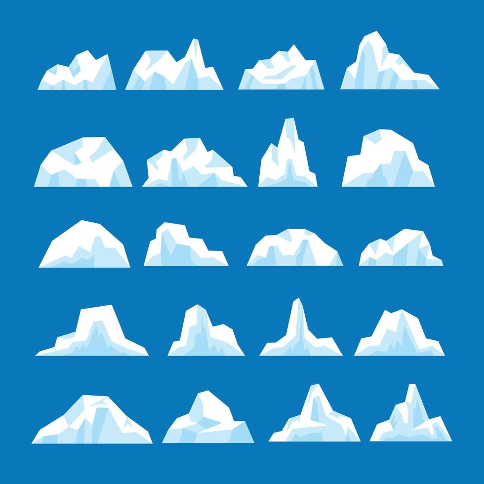 Set of icebergs collection on blue background, Iceberg floating in ocean, tip of the icebergs icon set, Antarctic cartoon ice, snowy mountains and cracked ice, frozen ice element illustration. vector