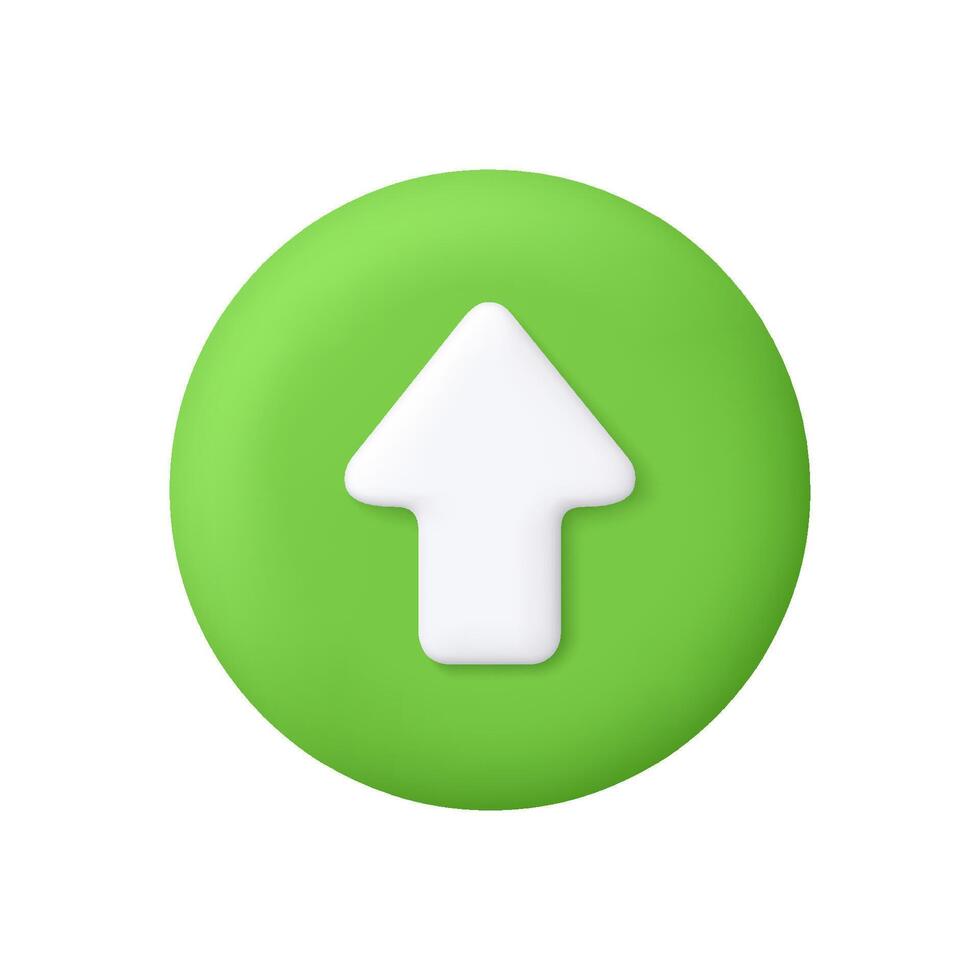 Upward arrow symbol on a green circle button. Business, finance, technology, user interface, progress, upload and growth concept. 3d icon. Cartoon minimal style. vector