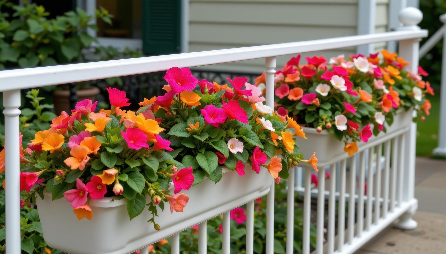white metal railing supporting a line of rectangular planters overflowing with colorful begonias. photo