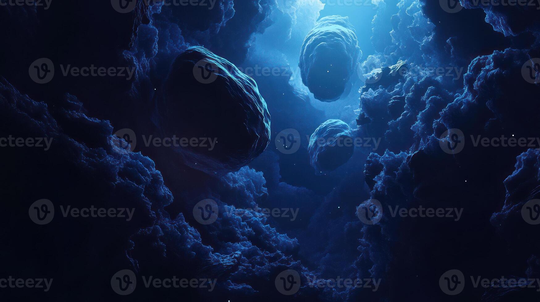 Dark, cloudy space with floating objects photo