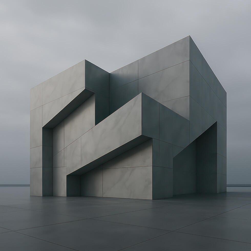 A building with a large concrete structure on the ground photo