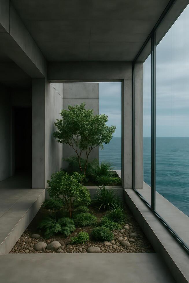 A view of a room with a large window overlooking the ocean photo