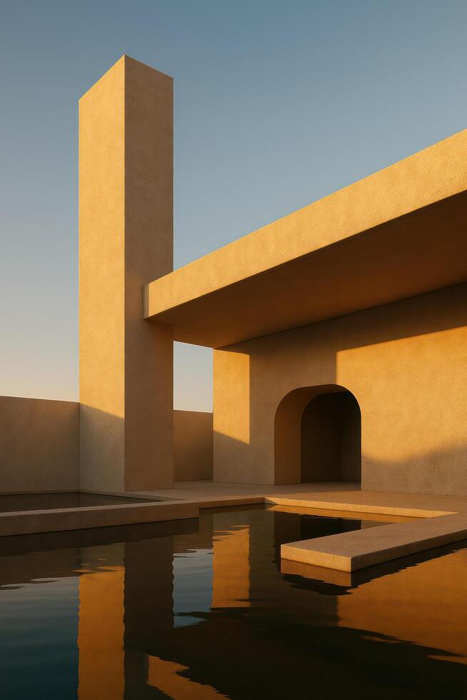 A building with a pool and a large structure photo