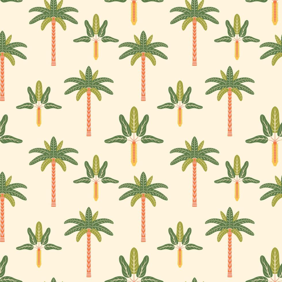 Palm trees seamless pattern illustration. Modern tropical summer repeating design with stylized symmetrical exotic island plants on a light background for fabric, decor in flat retro style vector