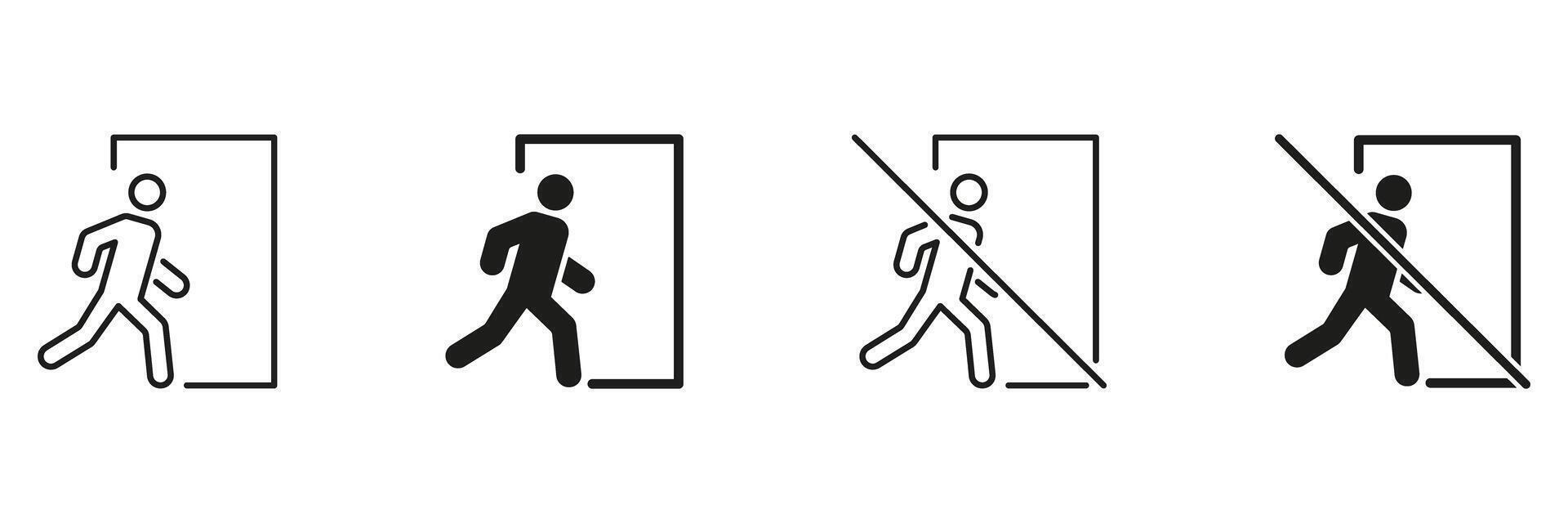 Exit And No Entry Door Icons Set. Emergency Exit And Restricted Access Symbols Collection. Safety Sign For Building Navigation And Security. Isolated Illustration vector