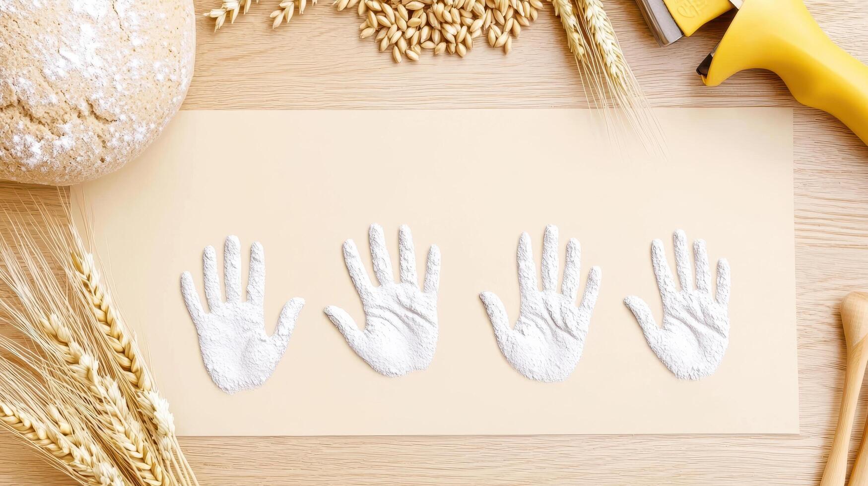 Dusty flour handprints on wooden table surrounded by wheat, bread, and baking tools creating warm, rustic baking scene photo