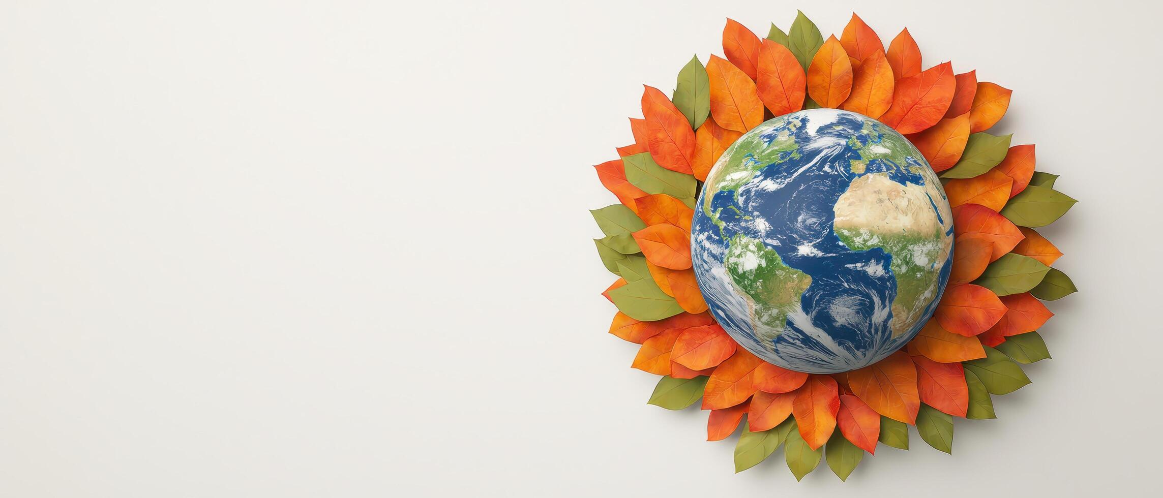 Earth globe with autumn leaves arranged in circular pattern symbolizing environmental change and seasonal transition photo