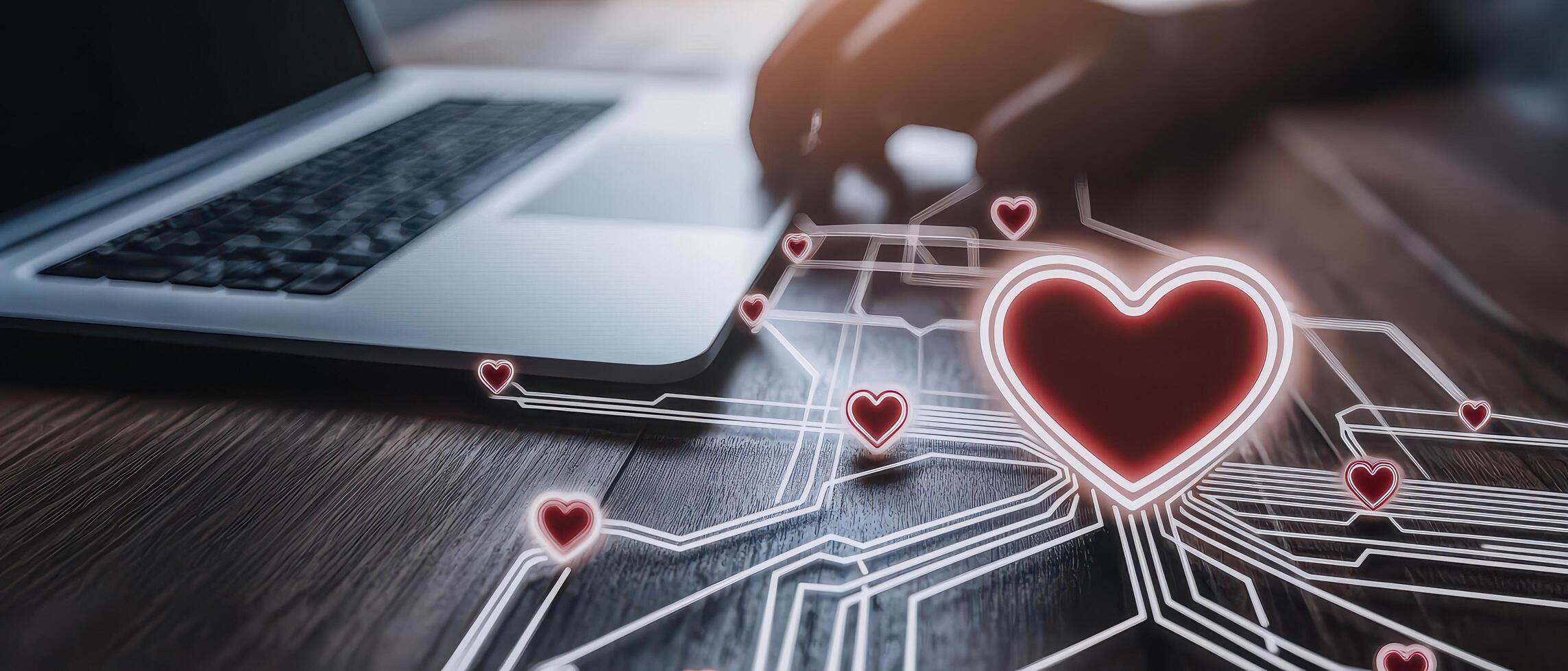 Digital heart patterns connect to technology, symbolizing love and connection in modern world photo