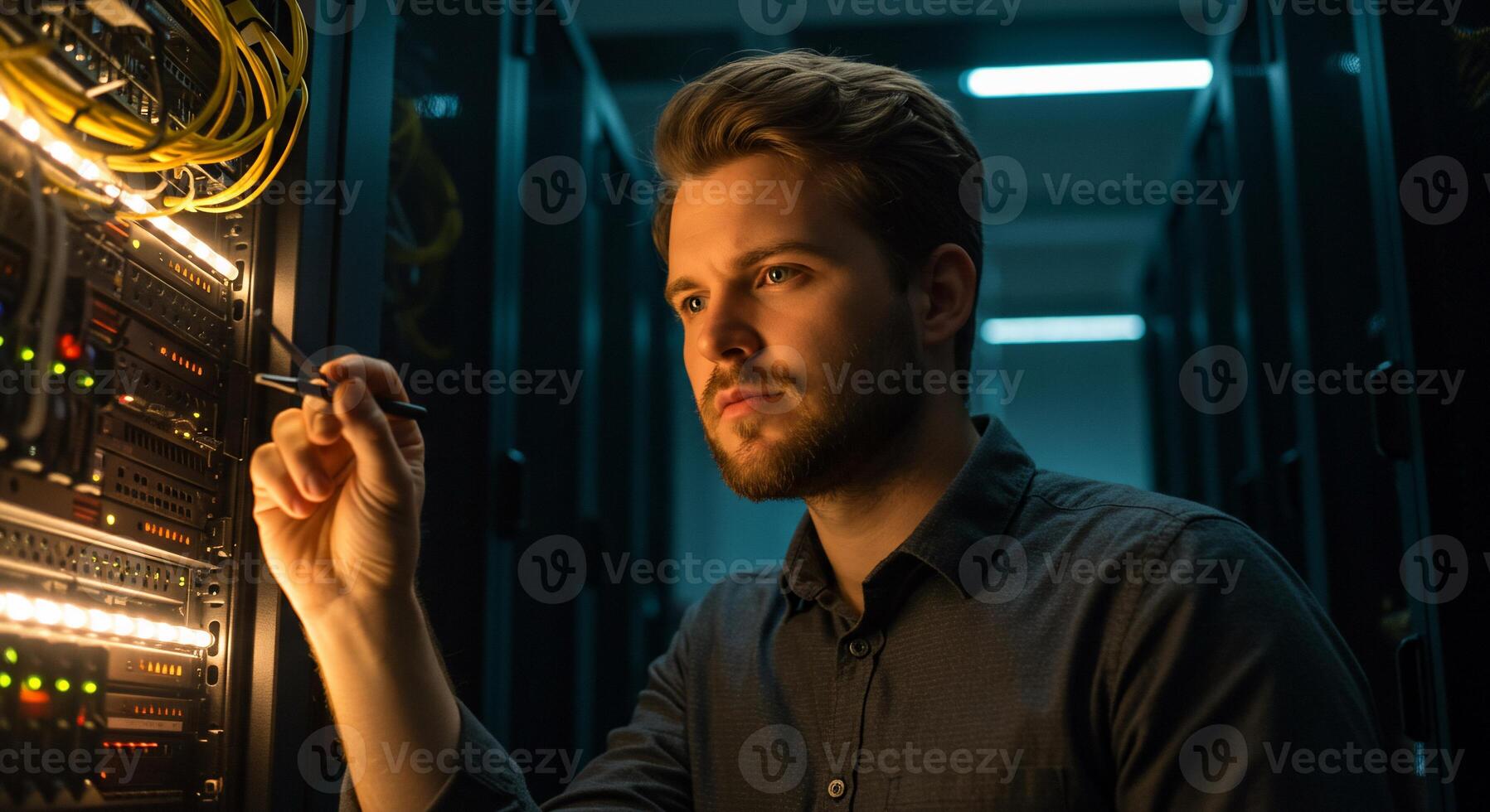 Focused IT technician working on a server rack with glowing lights in a modern data center. photo