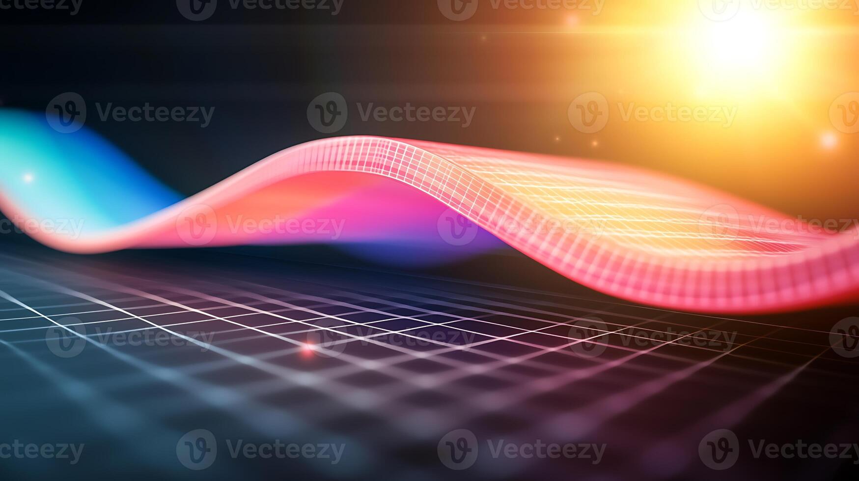 Vibrant abstract wave design with glowing elements on a grid background, ideal for tech visuals photo