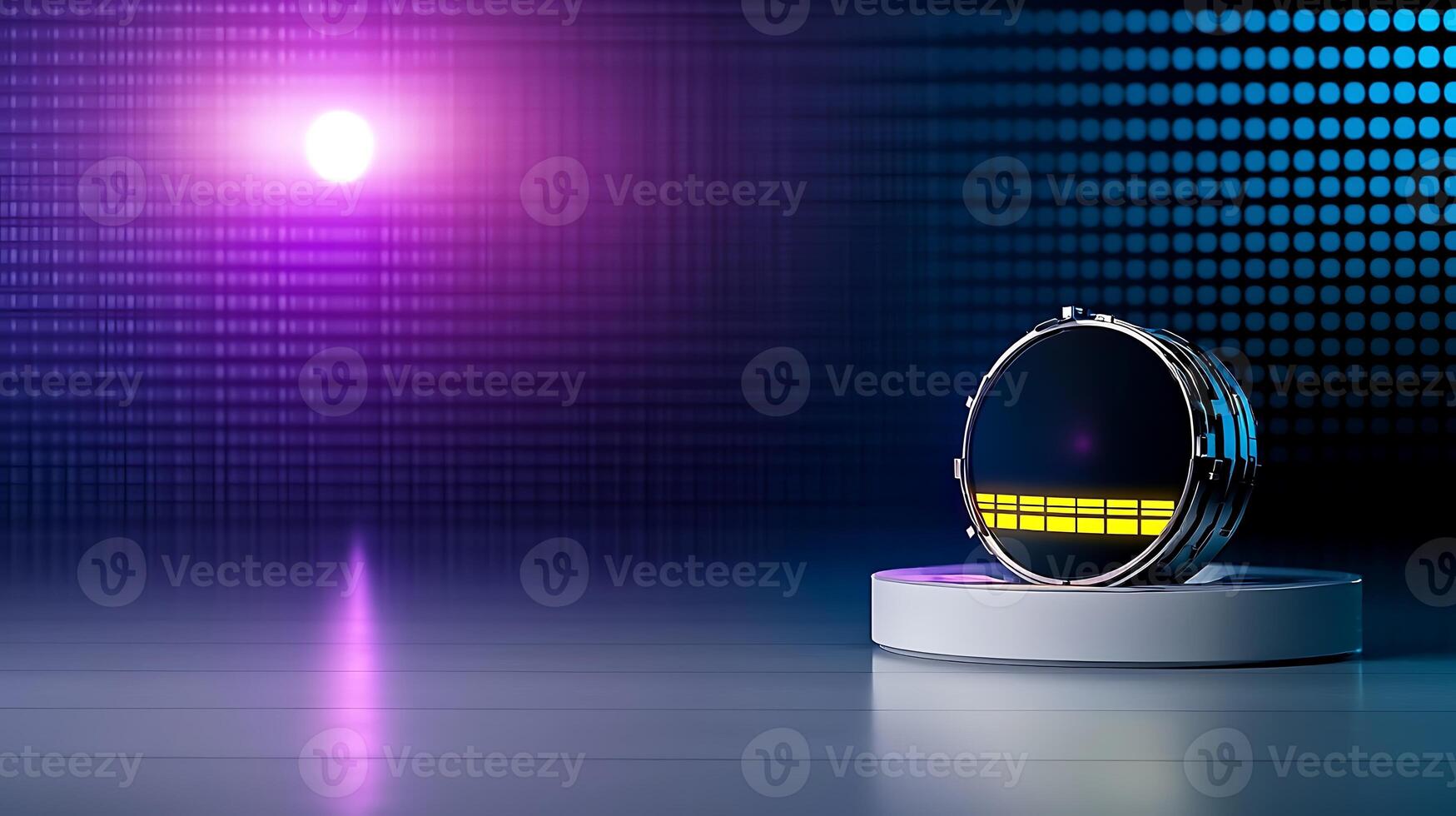 Vibrant audio visualizer with colorful equalizer display on a futuristic stage backdrop photo