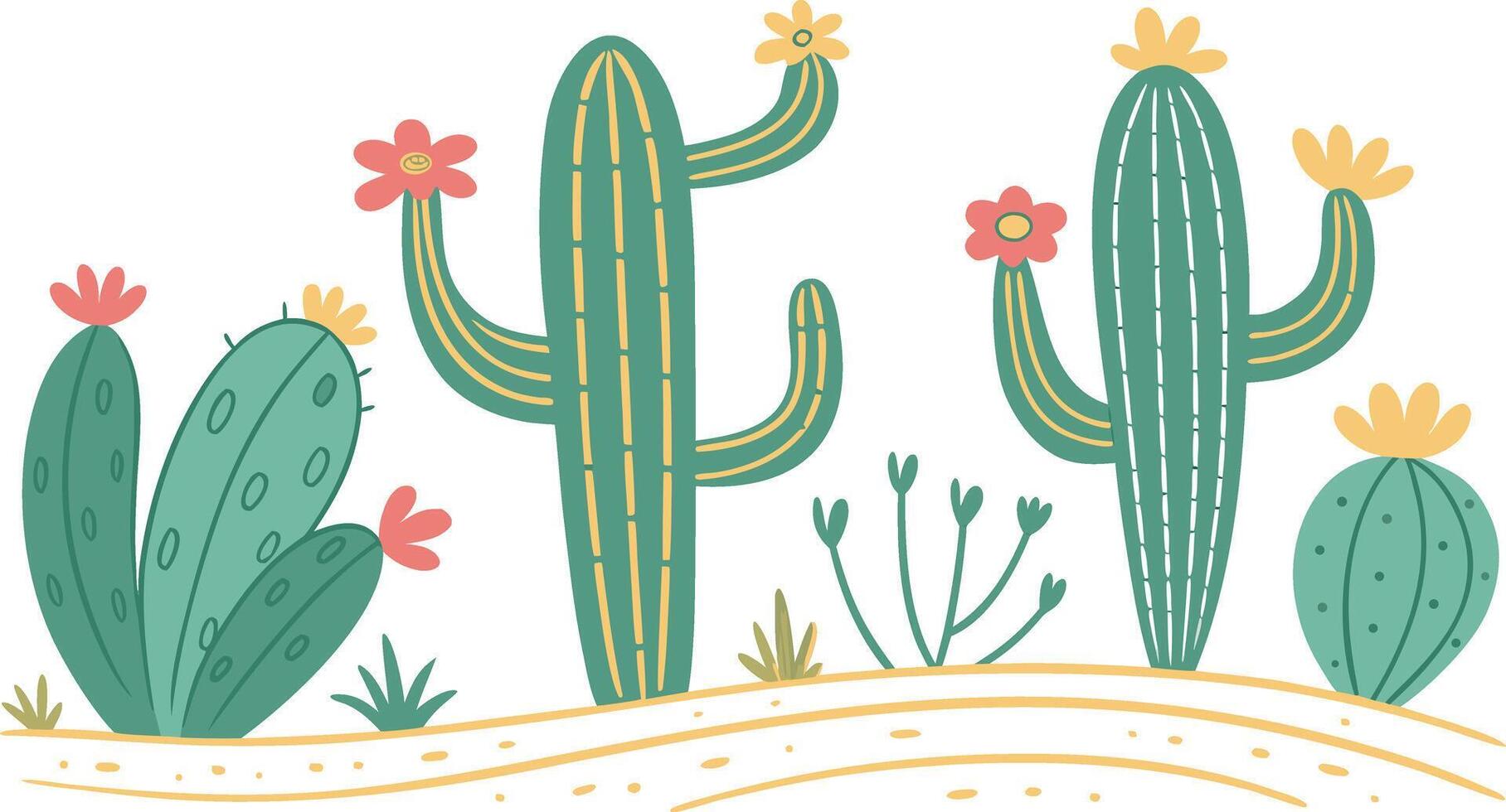 Charming desert scene with various cacti and flowers isolated on transparent background vector