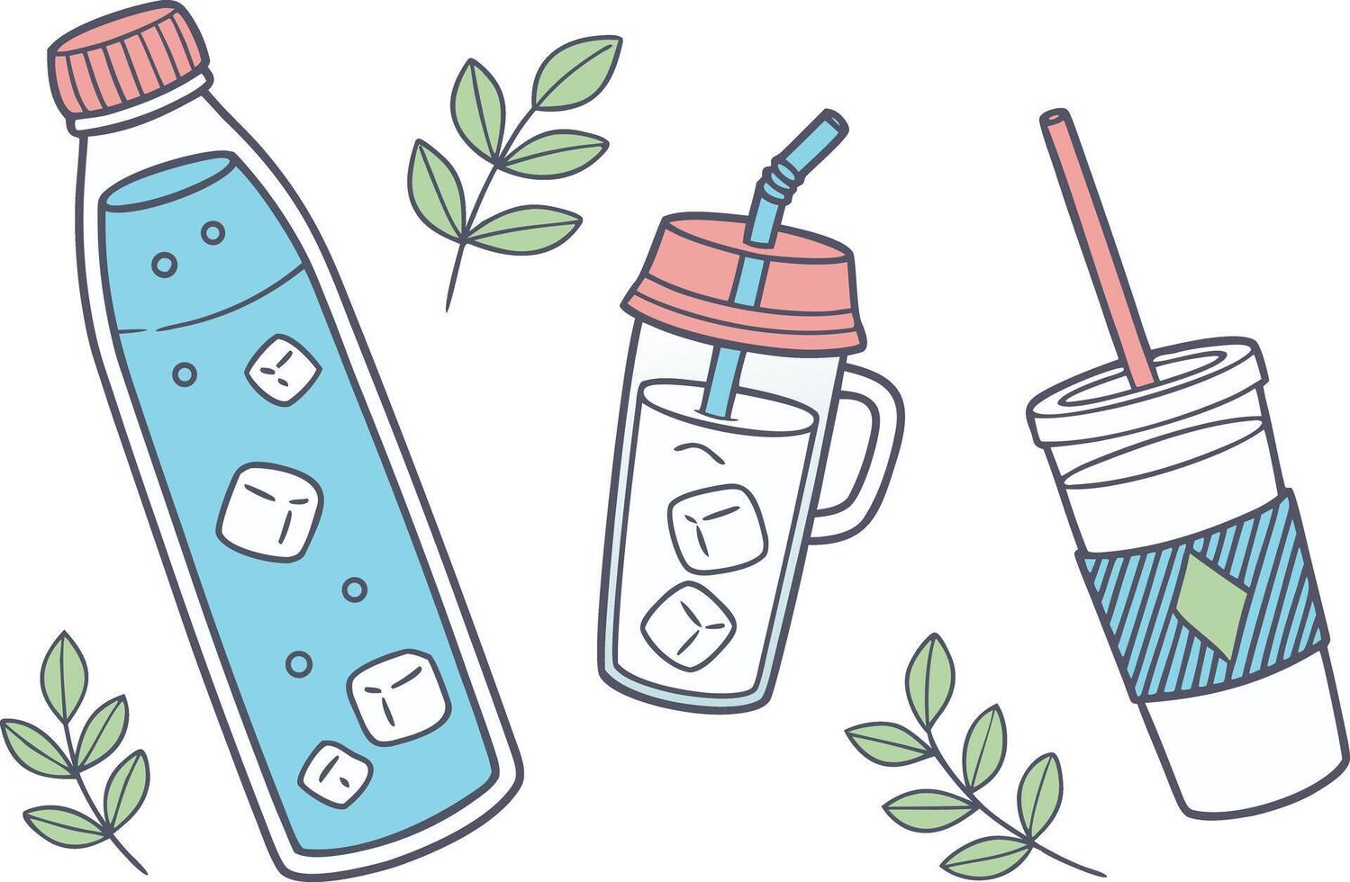 Three refreshing drinks with ice cubes and leaves isolated on transparent background vector