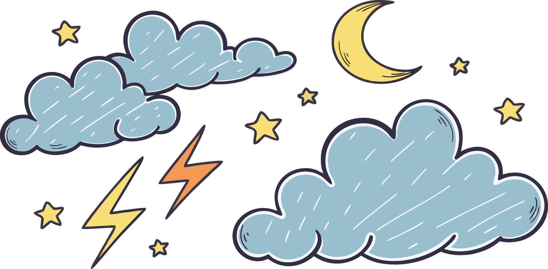 Cute weather elements with clouds moon and lightning isolated on transparent background vector
