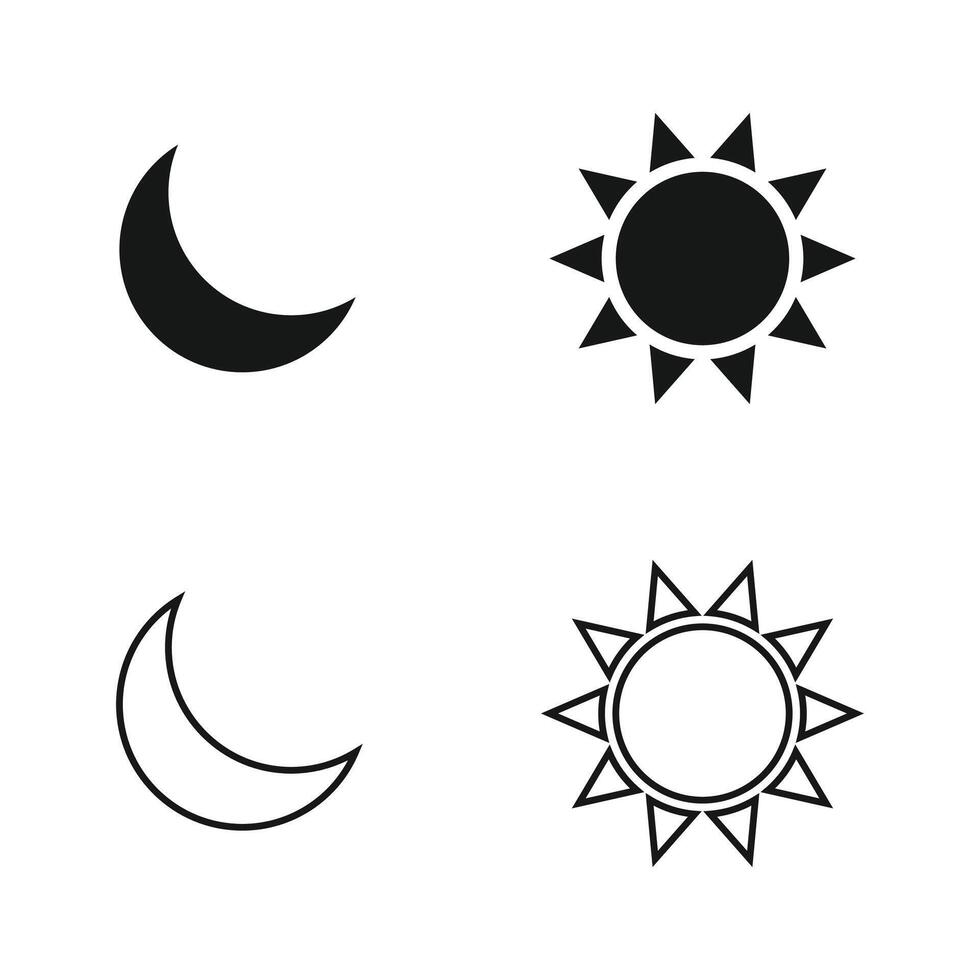 Sun and moon icons with solid and outline styles, representing day and night in a clean geometric design vector