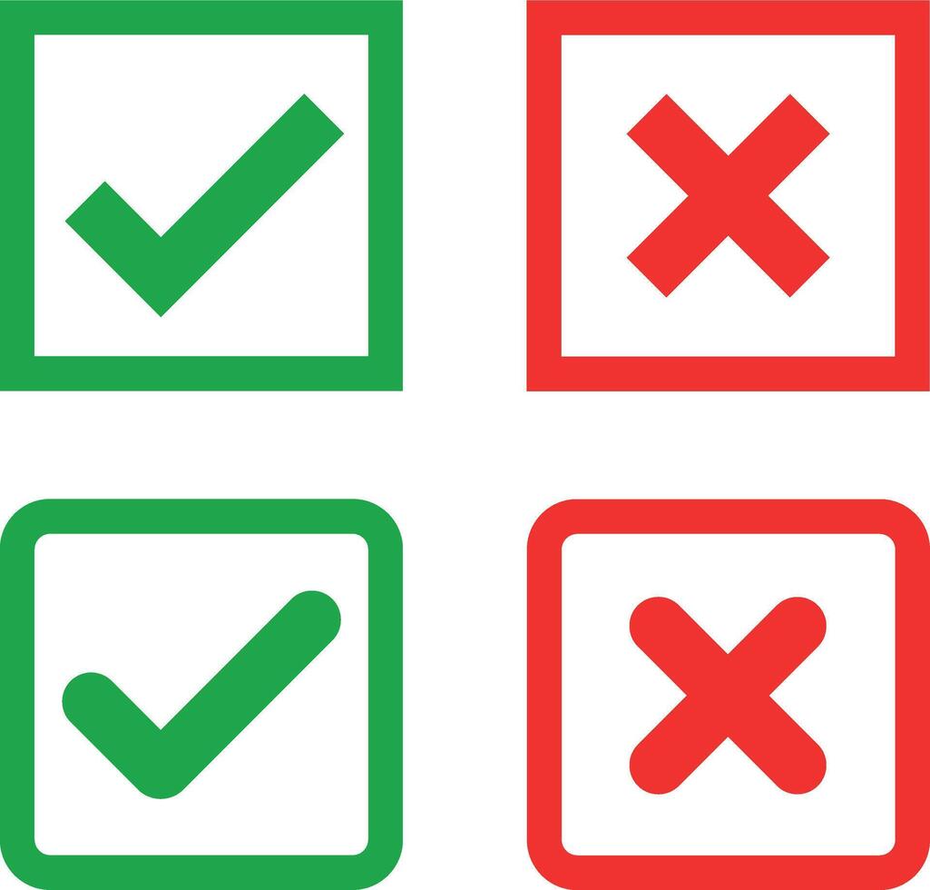 Set of green check marks and red cross icons inside square boxes representing correct and incorrect options, approval and rejection symbols vector