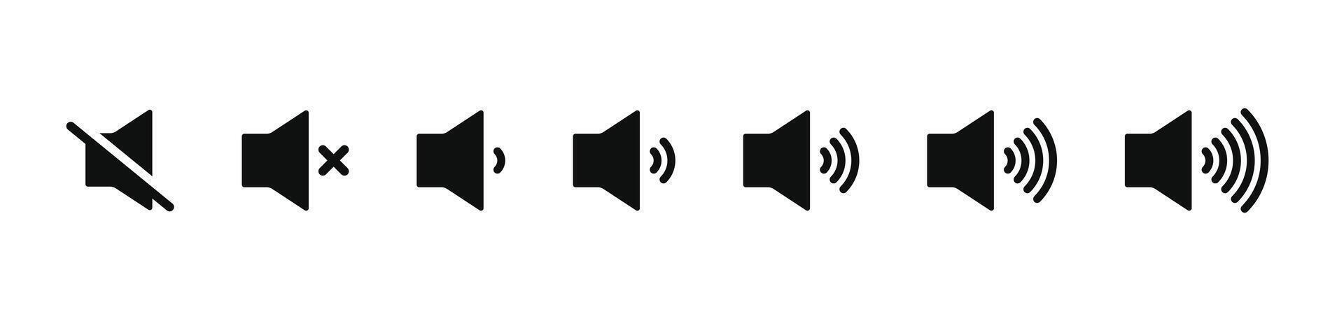 audio volume control icons showing mute to maximum sound levels in black isolated on white background vector