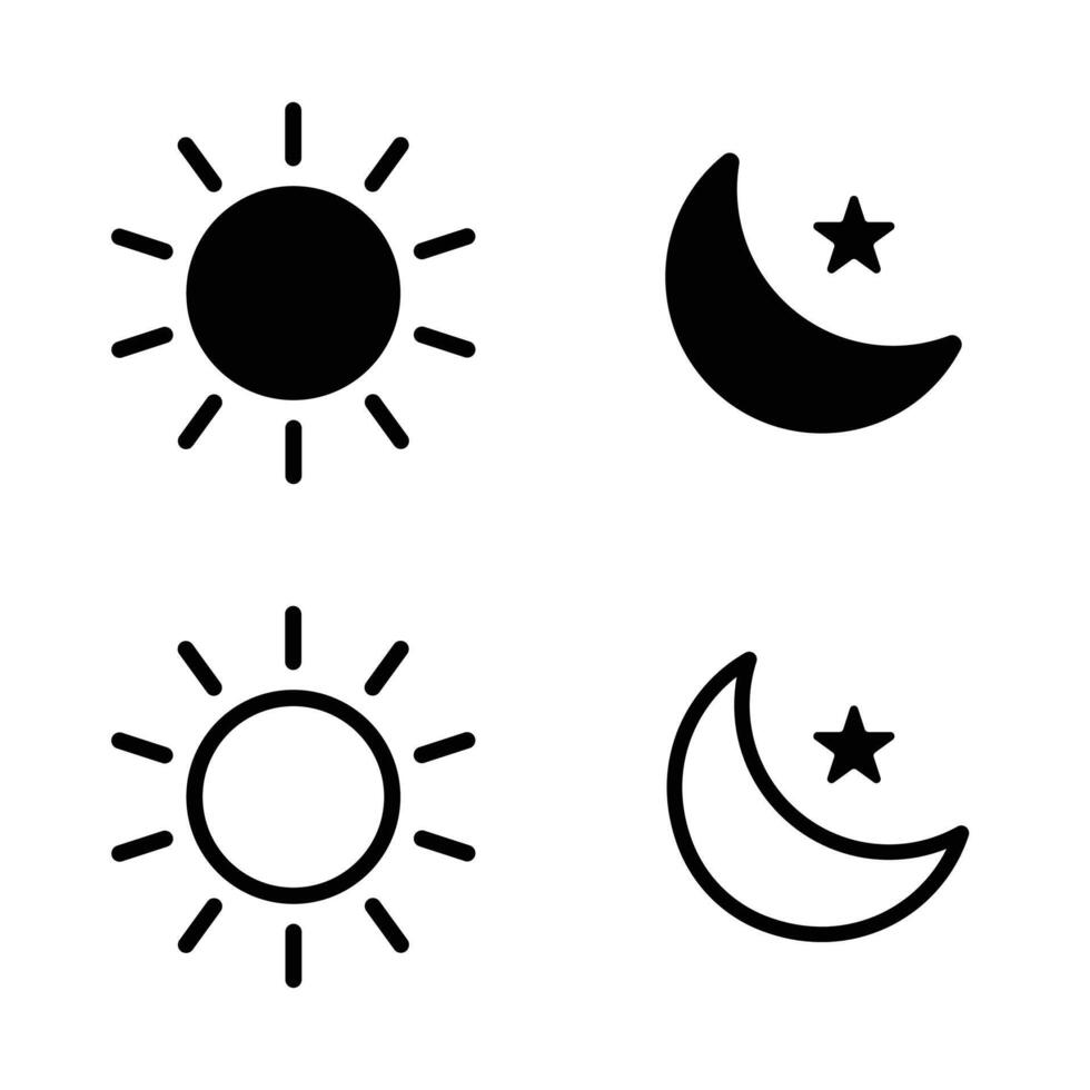 Minimal sun and moon icon collection showing solid and outline versions of day and night symbols with star and sunray elements vector