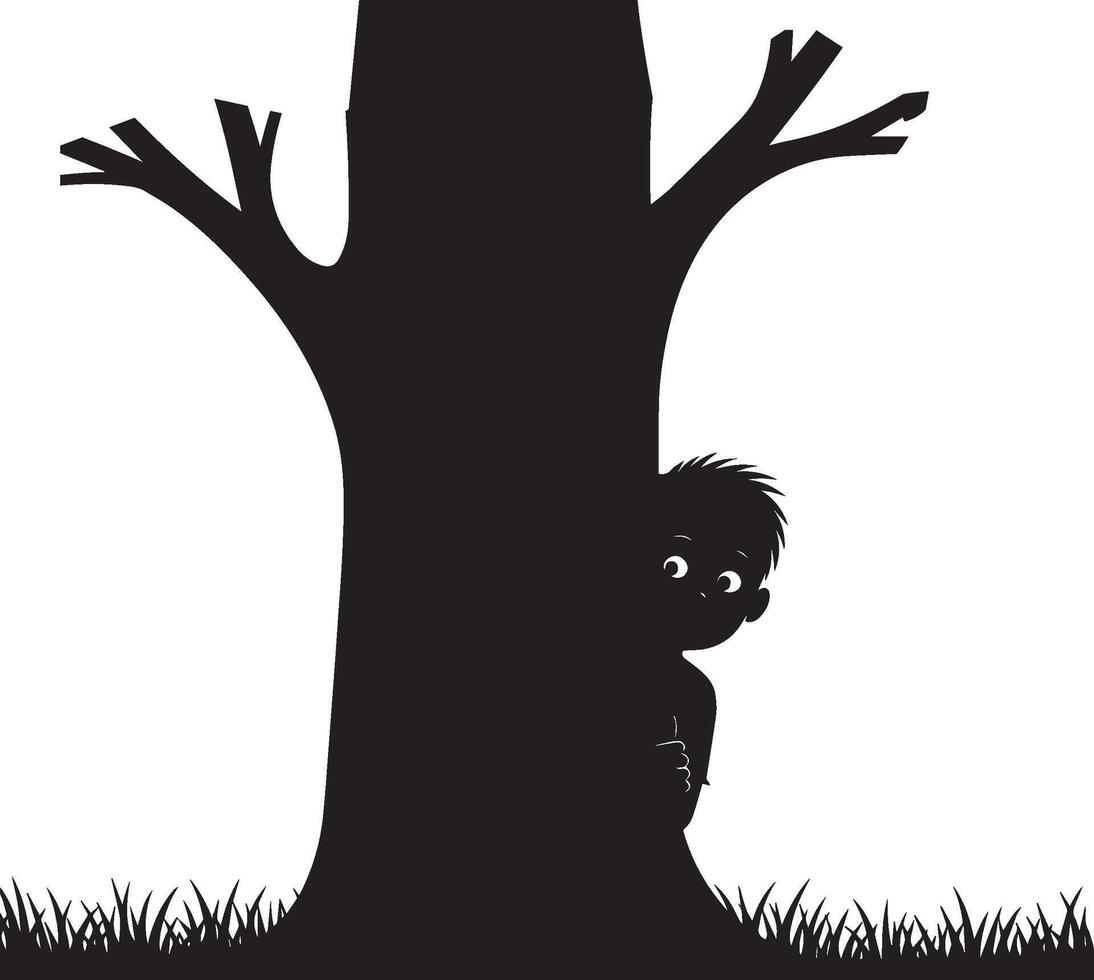 Art of a mysterious child peeking behind a tree silhouette isolated on white background, creating a spooky and playful scene in nature isolated on white background vector
