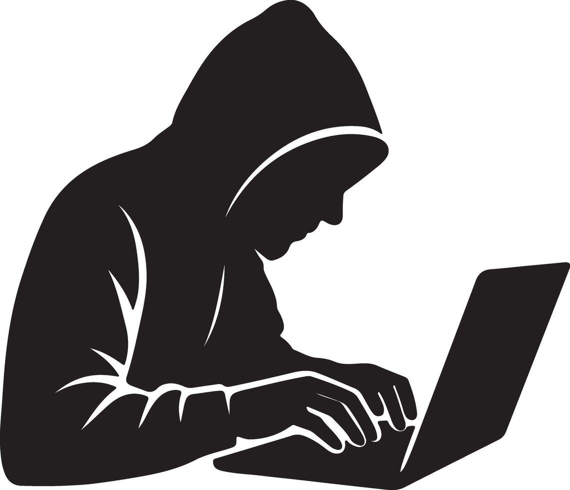 Hacker Typing on Laptop Silhouette Cybersecurity Tech Outline vector