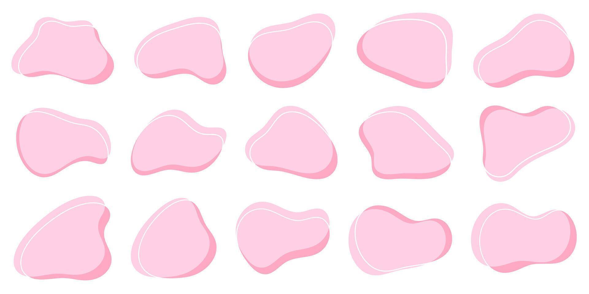 Set of liquid organic shapes. fluid abstract shapes. amoeba blob shapes. irregular round blot form with doodle circle line. pink pastel colors. vector