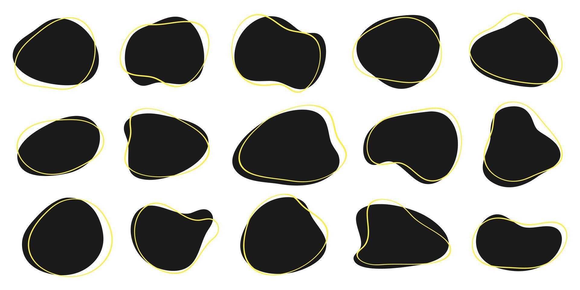 Set of liquid organic shapes. fluid abstract shapes. amoeba blob shapes. irregular round blot form with doodle circle line vector