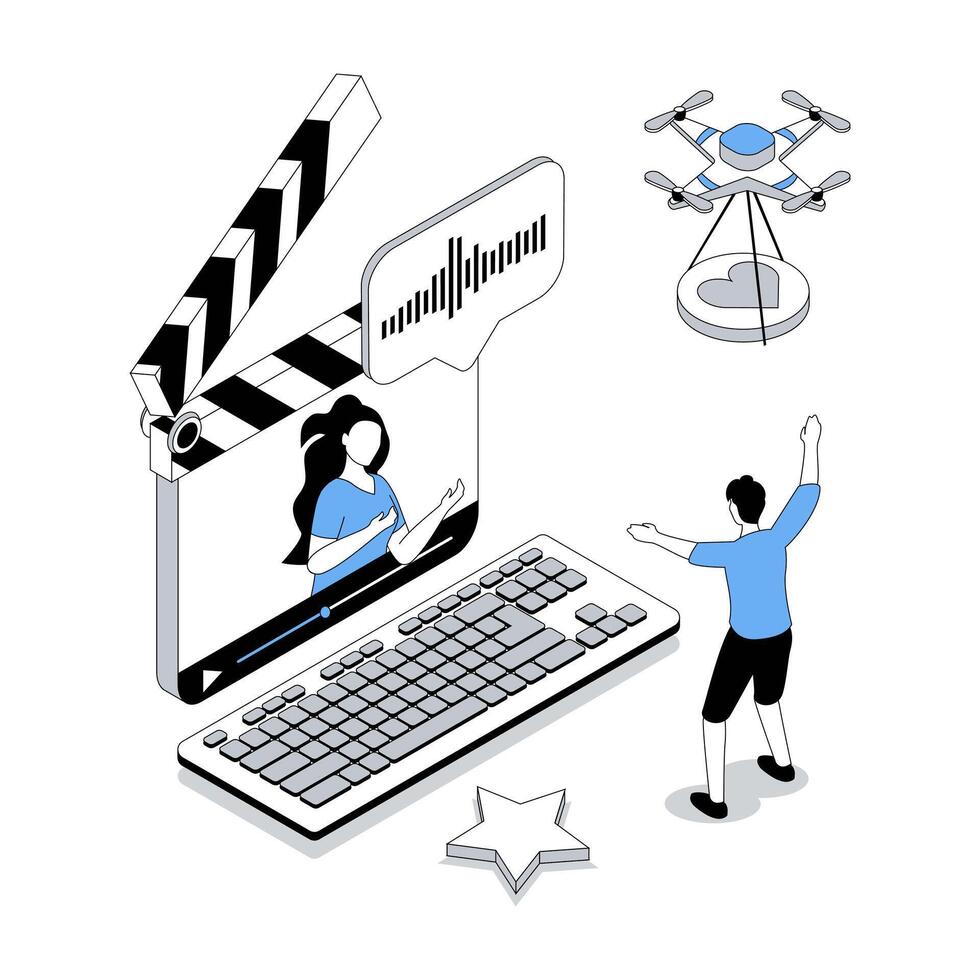 Blogging 3d isometric concept with isometry people design for web. Blogger creating videos in social media, developing blog, follower watching content and live broadcasting. illustration vector