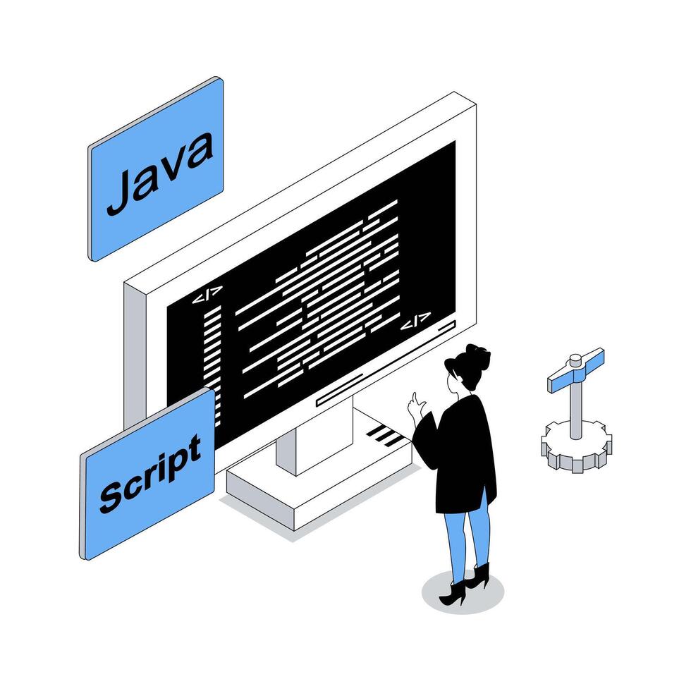 aplicación desarrollo 3d isométrica concepto con isometria personas diseño para web. mujer programación en Java a computadora pantalla, codificación guiones, haciendo mejoramiento y mando ajustes. ilustración vector