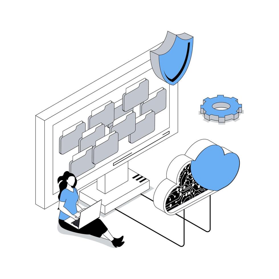 Cloud storage 3d isometric concept with isometry people design for web. Woman uploading or downloading files, managing digital library infrastructure with shield protections. illustration vector