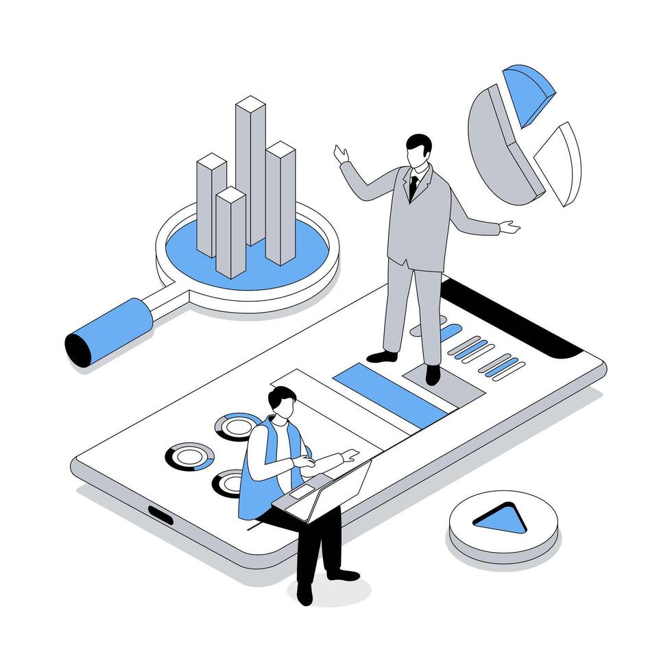 Business training 3d isometric concept with isometry people design for web. Businessman conference with coaching session, consulting strategy, analyzing data and development. illustration vector