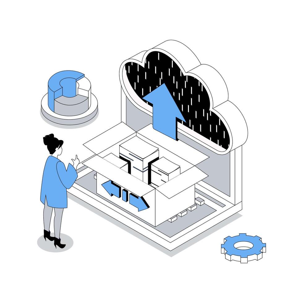 Cloud storage 3d isometric concept with isometry people design for web. Woman exchanging digital documents, uploading and downloading data, processing and sharing information. illustration vector