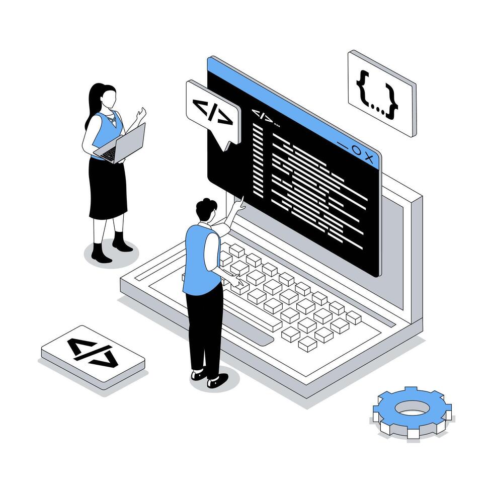 aplicación desarrollo 3d isométrica concepto con isometria personas diseño para web. desarrollador equipo programación de interfaz estructura metálica disposición, codificación y fijación código, haciendo mejoramiento. ilustración vector