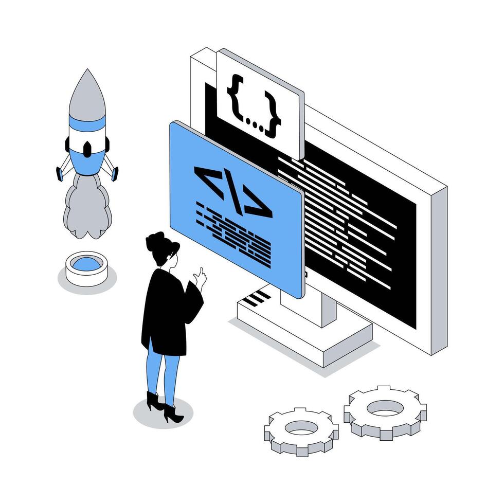 aplicación desarrollo 3d isométrica concepto con isometria personas diseño para web. mujer programación a computadora pantalla, analizando y haciendo mejora, lanzamiento nuevo solicitud producto. ilustración vector