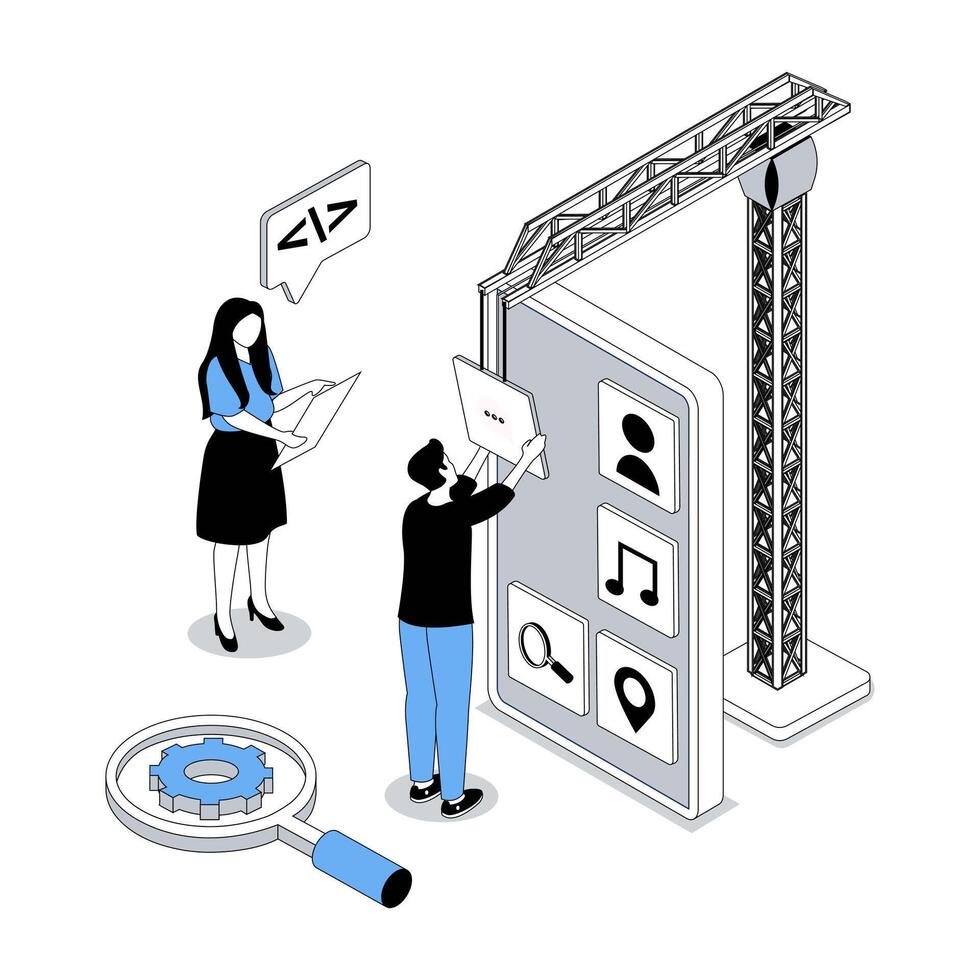 App development 3d isometric concept with isometry people design for web. Team creating mobile interface, placing applications buttons on screen, working with digital content. illustration vector