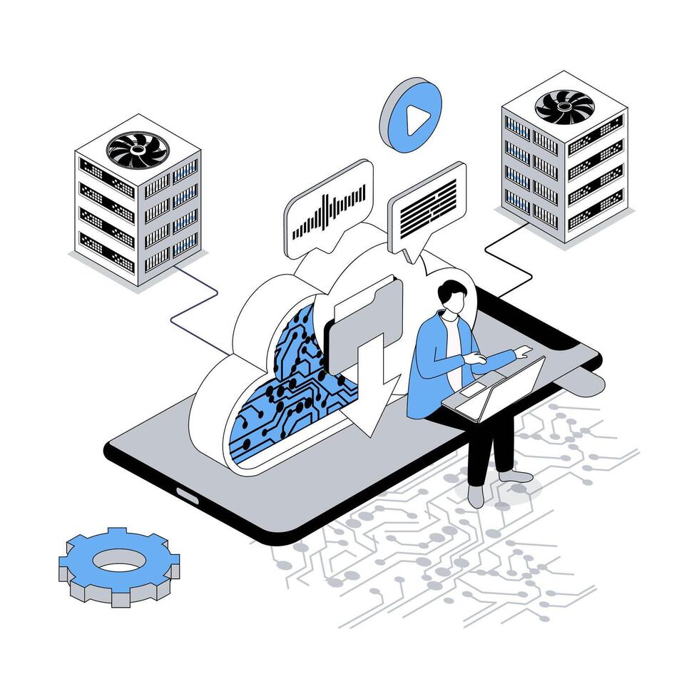 Cloud storage 3d isometric concept with isometry people design for web. User uploading and downloading data, making backup online, processing with datacente, computing at laptop. illustration vector