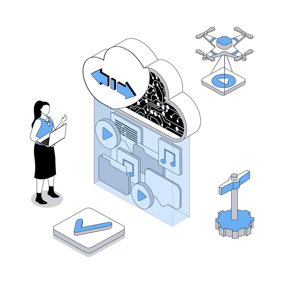 Cloud storage 3d isometric concept with isometry people design for web. Woman managing digital library of multimedia data and documents, making system organization with backup. illustration vector