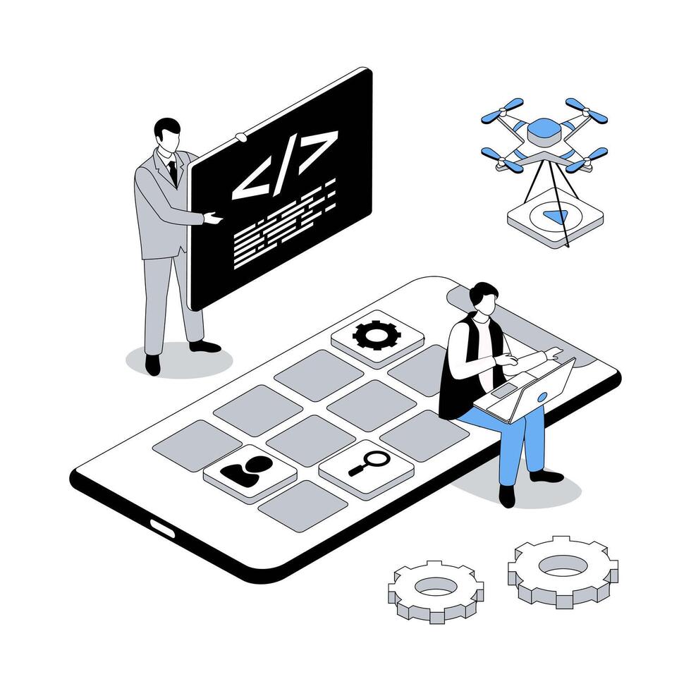 App development 3d isometric concept with isometry people design for web. Team working with code, programming, creating mobile interface, placing applications buttons on screen. illustration vector
