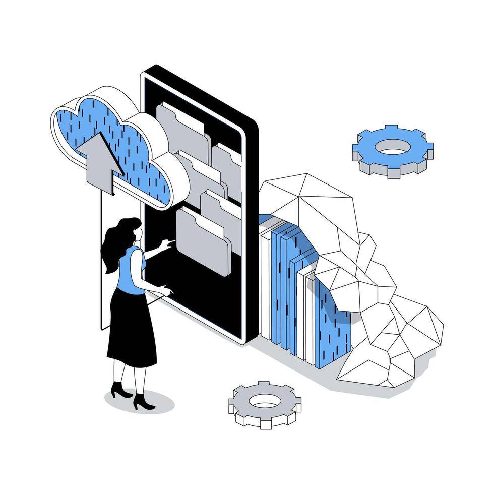 Cloud storage 3d isometric concept with isometry people design for web. Woman using cloud service for managing digital library infrastructure, processing data with server access. illustration vector